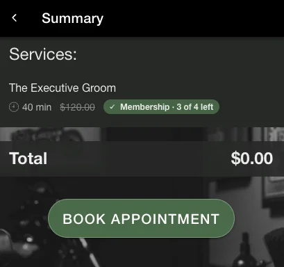 Booking summary with a total of zero
